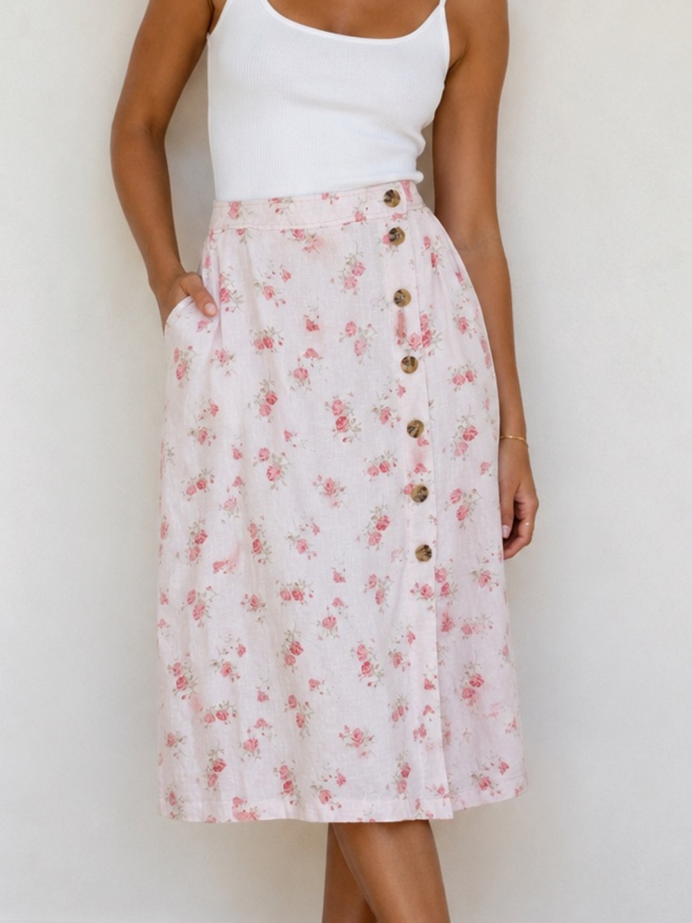 Shabby Chic Linen Pink Floral Button-Front Midi Skirt